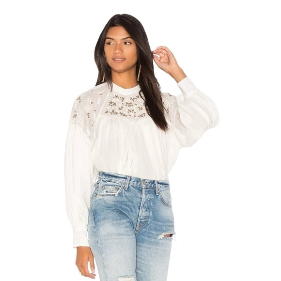 Women’s Top FREE PEOPLE Have It My Way Shirt Beads Embroidered Mutton Sleeve Top - Picture 3 of 10